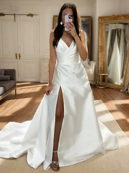 A-line V-neck Pleated Chapel Train Satin Wedding Dress