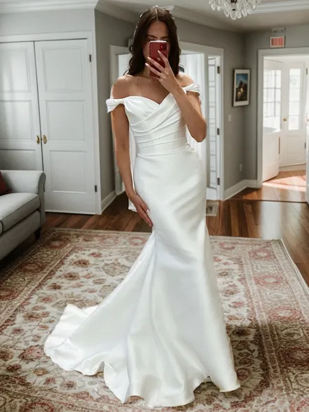 Sheath Off-the-Shoulder Pleated Court Train Satin Wedding Dress