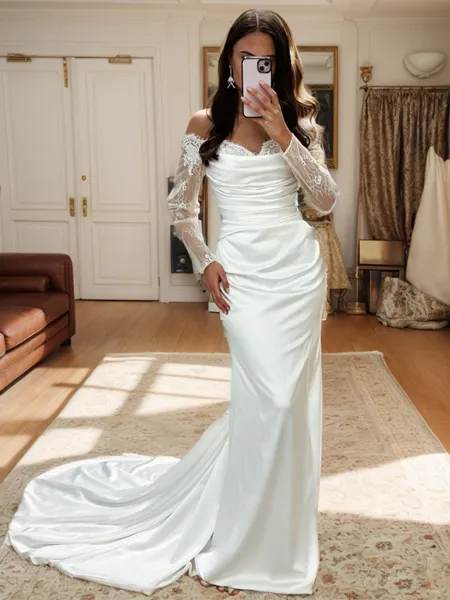 Sheath Off-the-Shoulder Long Sleeves Appliques Lace Court Train Wedding Dress