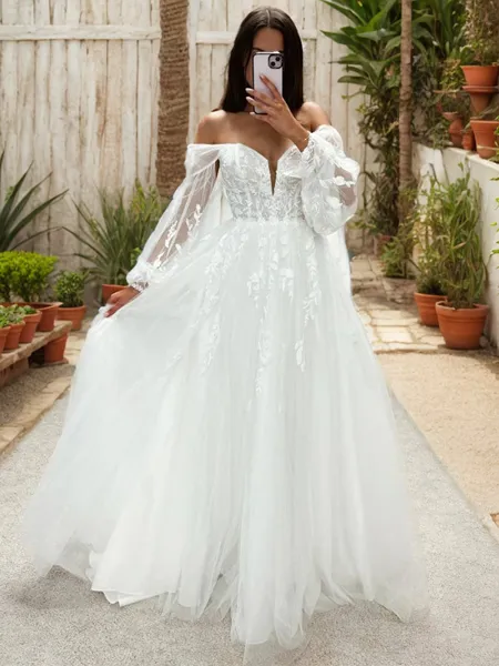 A-line Off-the-Shoulder Long Sleeves Appliques Lace Floor-Length Tulle Corset Wedding Dress