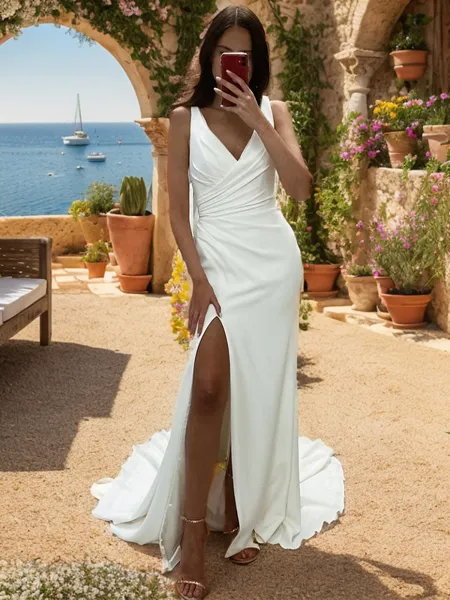 Sheath V-neck Pleated Court Train Charmeuse Wedding Dress