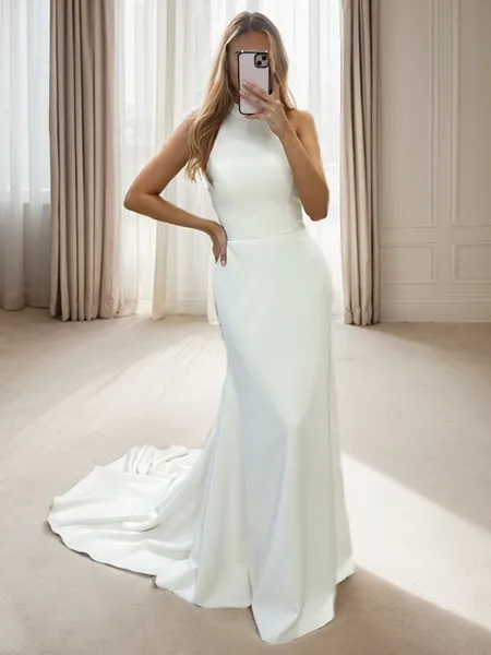 Sheath Halter Court Train Stretch Crepe Wedding Dress