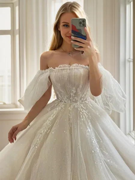 Ball-Gown Off-the-Shoulder Short Sleeves Appliques Lace Cathedral Train Tulle Wedding Dress