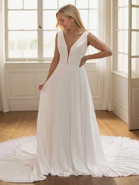 A-line V-neck Appliques Lace Chapel Train Chiffon Wedding Dress