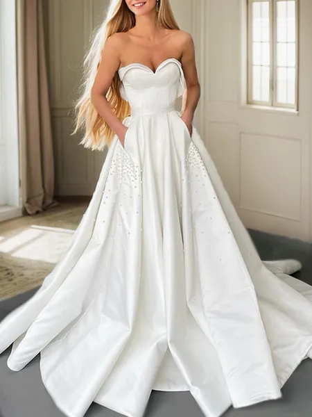 A-line Sweetheart Beading Court Train Satin Wedding Dress