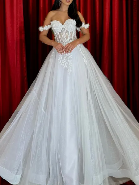 A-line Off-the-Shoulder Appliques Lace Floor-Length Tulle Corset Wedding Dress