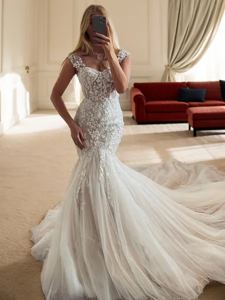Mermaid Straps Appliques Lace Cathedral Train Tulle Corset Wedding Dress