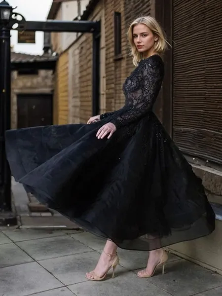 Ball-Gown Bateau Ankle-Length Organza Long Sleeves Wedding Dresses