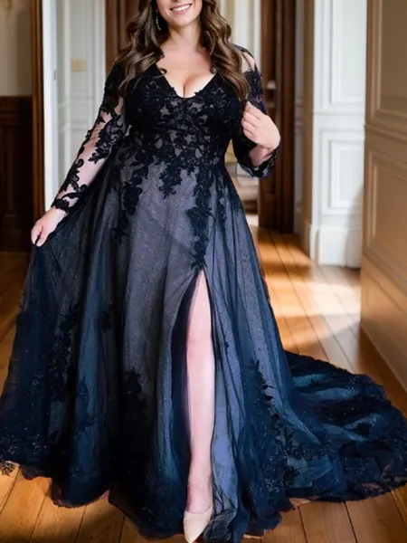 Ball-Gown V-neck Chapel Train Tulle Long Sleeves V Back Wedding Dresses