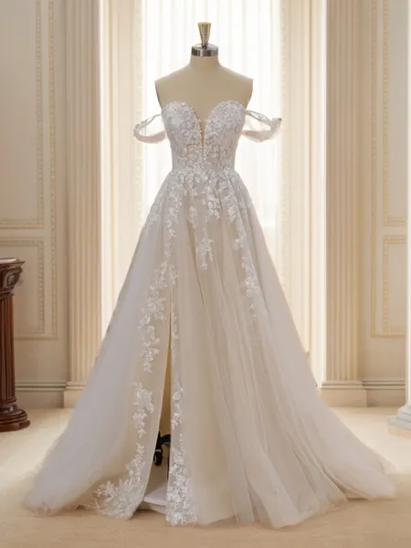 A-line Tulle Off-the-Shoulder Appliques Lace Chapel Train Wedding Dress