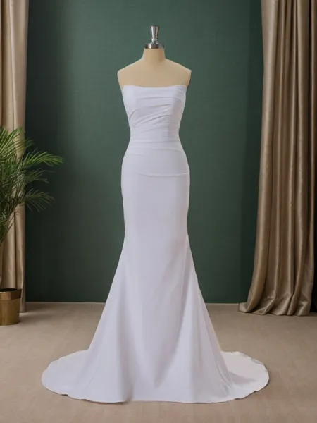 Sheath Stretch Crepe Straight Pleated Court Train Wedding Dress