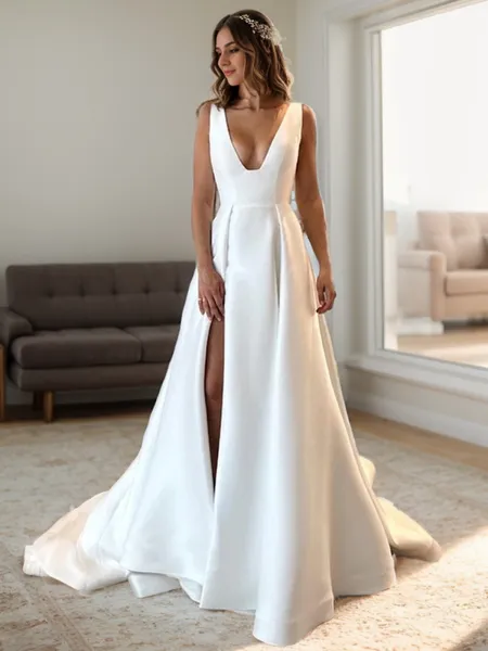 A-line V-neck Court Train Satin Wedding Dress