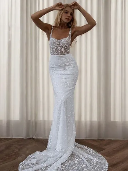 Sheath Square Appliques Lace Cathedral Train Lace Corset Wedding Dress