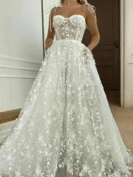 A-line Spaghetti Straps Appliques Lace Floor-Length Lace Corset Wedding Dress