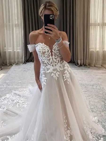 A-line Sweetheart Appliques Lace Chapel Train Tulle Corset Wedding Dress