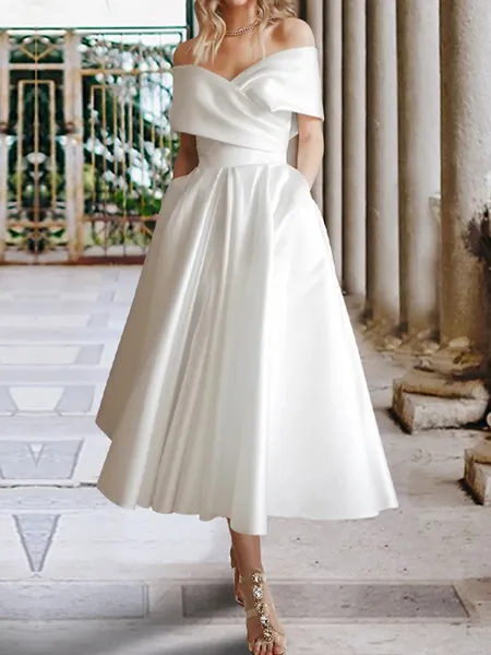 A-line Off-the-Shoulder Pleated Tea-Length Satin Wedding Dress