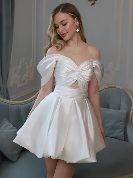 A-line Off-the-Shoulder Pleated Short/Mini Wedding Dress