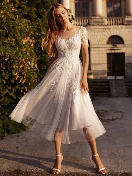 A-line Scoop Short Sleeves Appliques Lace Tea-Length Tulle Wedding Dress