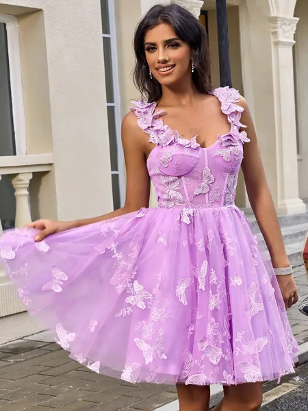 A-line Straps Appliques Lace Short/Mini Tulle Corset Homecoming Dress