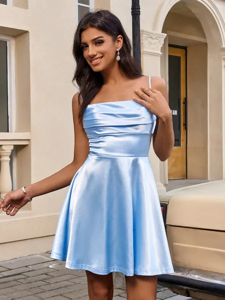 A-line Spaghetti Straps Pleated Short/Mini Silk Like Satin Homecoming Dress