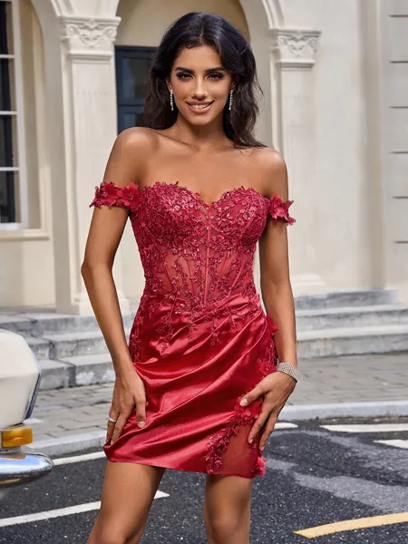 Sheath Off-the-Shoulder Appliques Lace Short/Mini Silk Like Satin Corset Homecoming Dress