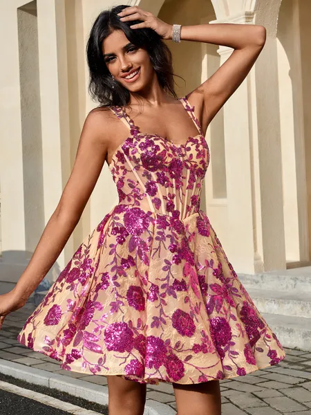 Ball-Gown Straps Sequin Short/Mini Lace Corset Homecoming Dress