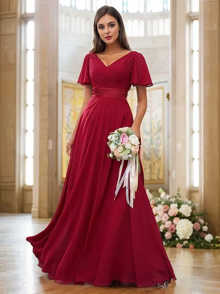 A-Line/Princess Chiffon Ruched V-neck Short Sleeves Sweep Train Bridesmaid Dresses