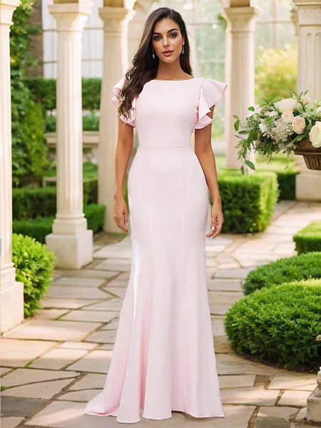 Sheath/Column Stretch Crepe Ruffles Scoop Short Sleeves Sweep Train Bridesmaid Dresses