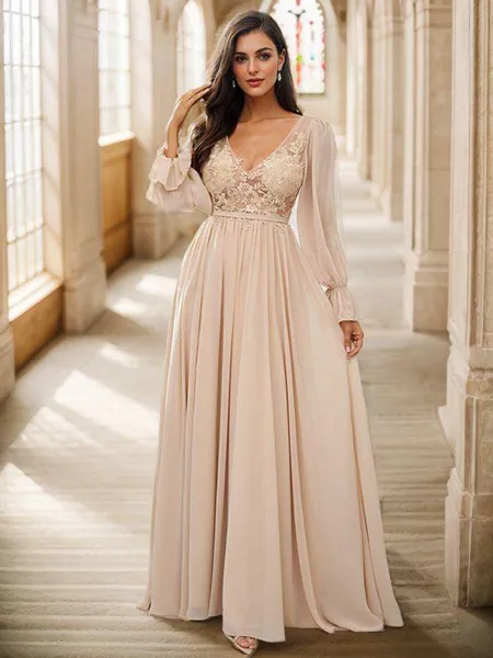 A-Line/Princess Chiffon Lace V-neck Long Sleeves Sweep Train Bridesmaid Dresses