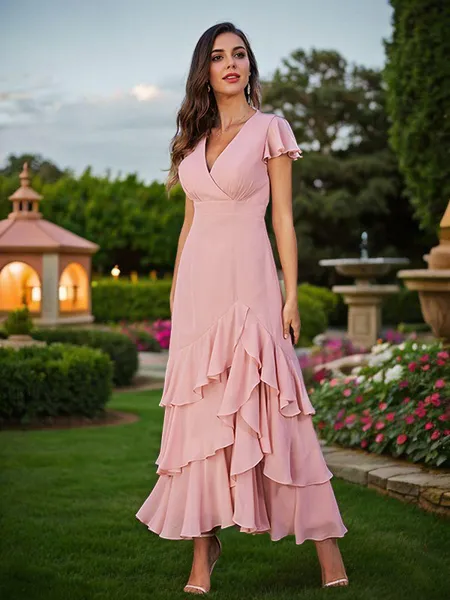 A-Line/Princess Chiffon Ruched V-Neck Short Sleeves Ankle-Length Bridesmaid Dresses