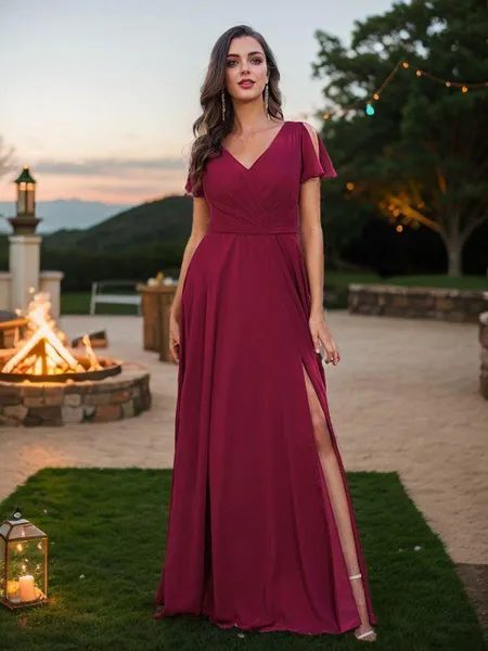 A-Line/Princess Chiffon Ruched V-Neck Short Sleeves Floor-Length Bridesmaid Dresses