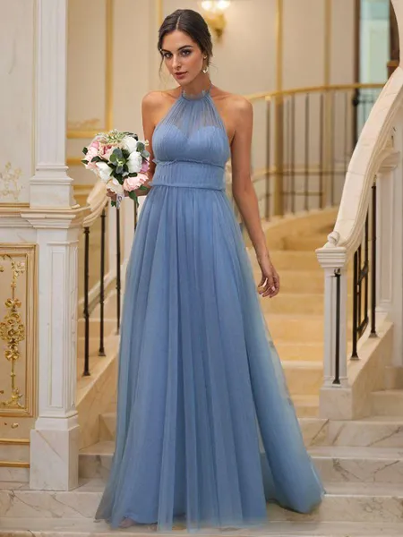A-Line/Princess Tulle Ruched Halter Sleeveless Floor-Length Bridesmaid Dresses