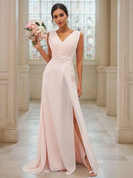 A-Line/Princess Chiffon Ruched V-neck Sleeveless Sweep Train Bridesmaid Dresses