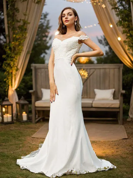A-Line/Princess Charmeuse Lace Off-the-Shoulder Sleeveless Sweep Train Bridesmaid Dresses