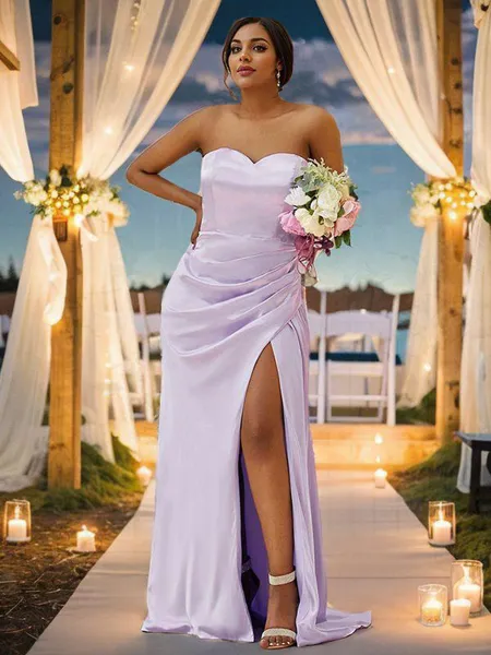 Sheath/Column Silk like Satin Ruched Sweetheart Sleeveless Sweep Train Bridesmaid Dresses