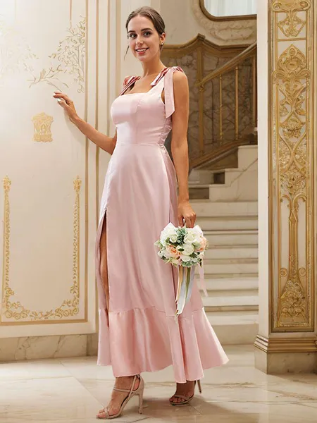 A-Line/Princess Silk like Satin Ruffles Straps Sleeveless Ankle-Length Bridesmaid Dresses
