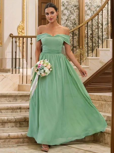 A-Line/Princess Chiffon Ruffles Off-the-Shoulder Sleeveless Floor-Length Bridesmaid Dresses