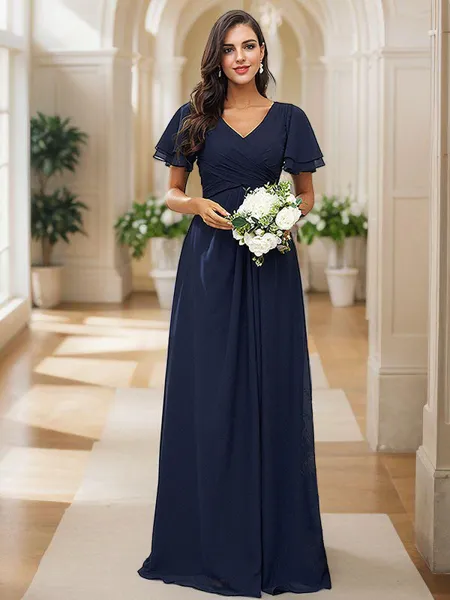A-Line/Princess Chiffon Ruffles V-neck Short Sleeves Floor-Length Bridesmaid Dresses