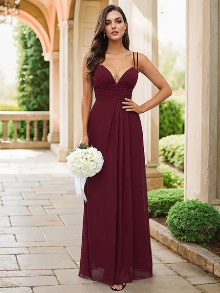 A-Line/Princess Chiffon Ruched V-neck Sleeveless Floor-Length Bridesmaid Dresses