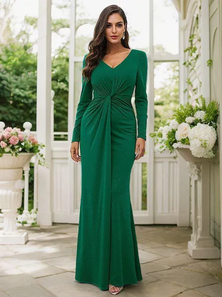 Sheath/Column Jersey Ruched V-neck Long Sleeves Floor-Length Bridesmaid Dresses