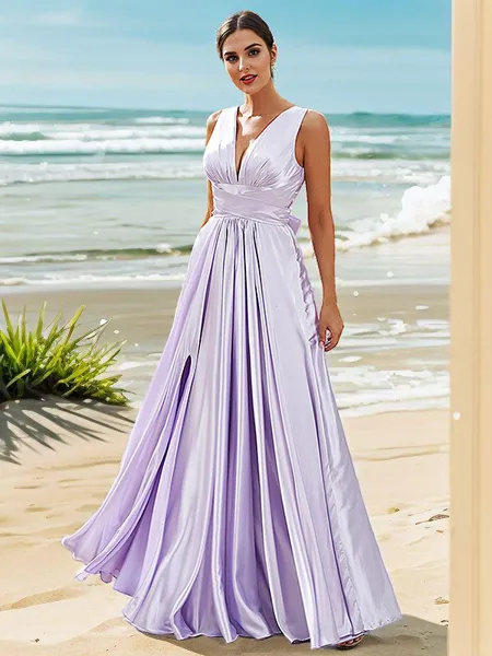 A-Line/Princess Silk like Satin Ruffles V-neck Sleeveless Floor-Length Bridesmaid Dresses