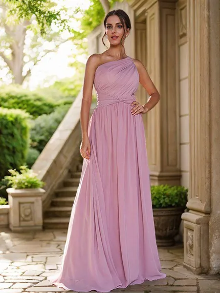 A-Line/Princess Chiffon Ruched One-Shoulder Sleeveless Sweep Train Bridesmaid Dresses
