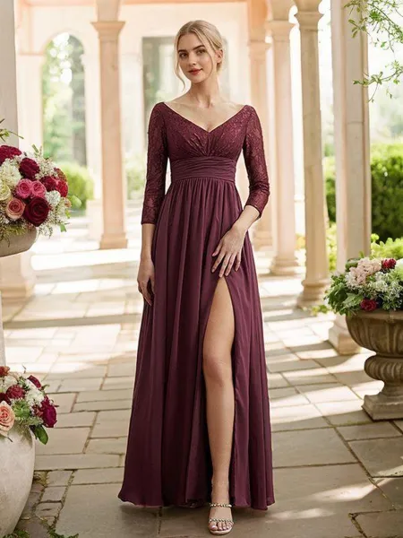 A-Line/Princess Chiffon Lace V-neck Long Sleeves Floor-Length Bridesmaid Dresses