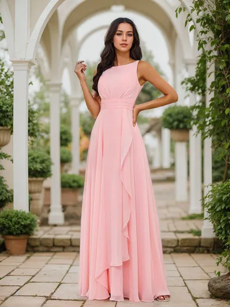 A-Line/Princess Chiffon Ruffles Scoop Sleeveless Floor-Length Bridesmaid Dresses