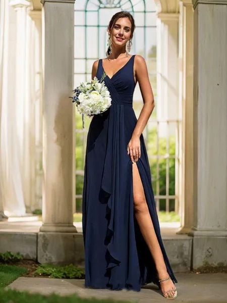 A-Line/Princess Chiffon Ruffles V-neck Sleeveless Floor-Length Bridesmaid Dresses