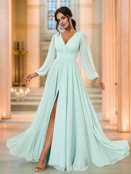 A-Line/Princess Chiffon Ruched V-neck Long Sleeves Floor-Length Bridesmaid Dresses