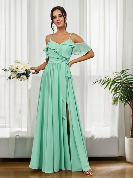 A-Line/Princess Chiffon Ruffles Straps Sleeveless Floor-Length Bridesmaid Dresses
