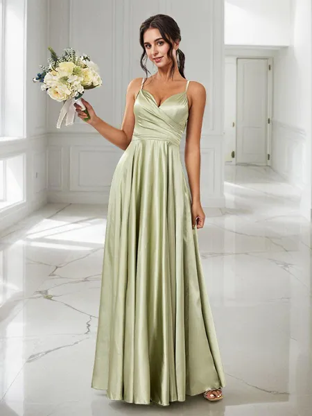 A-Line/Princess Silk Like Satin Ruched V-neck Sleeveless Floor-Length Bridesmaid Dresses