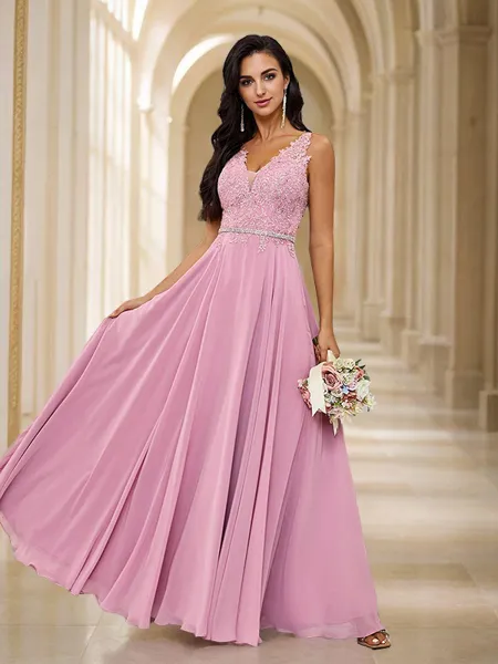 A-Line/Princess Chiffon Applique V-neck Sleeveless Floor-Length Bridesmaid Dresses