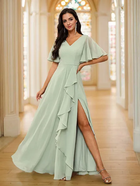 A-Line/Princess Chiffon Ruffles V-neck Short Sleeves Floor-Length Bridesmaid Dresses